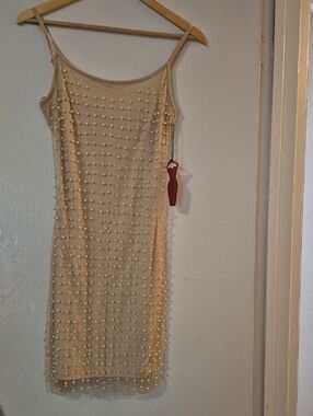 Haute Monde Cream Pearl-Embellished Slip Dress